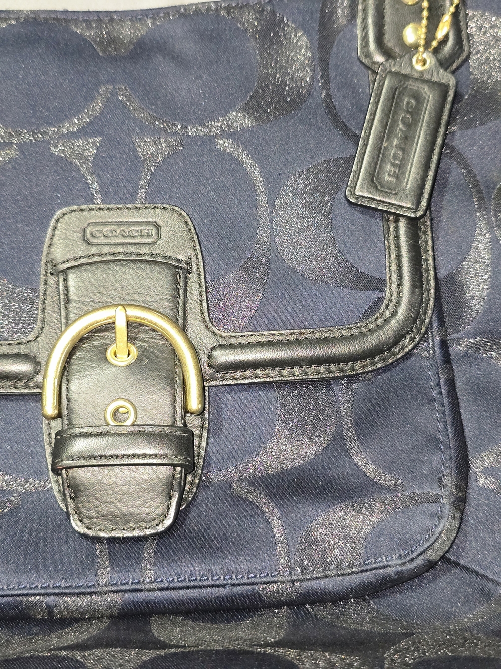 Coach Navy Metallic Canvas Signature Jacquard Tote with Black Leather Trim - Picture 4 of 7